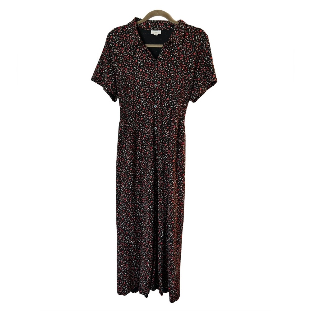 J Jill black dress with buttons and flower print and shirt sleeves